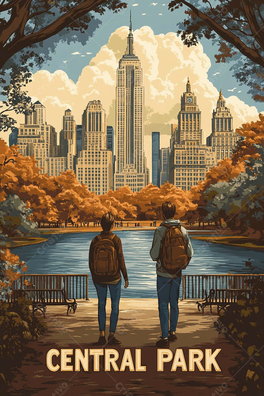 Ilustração Central Park Nova York Outono Pessoas Lago