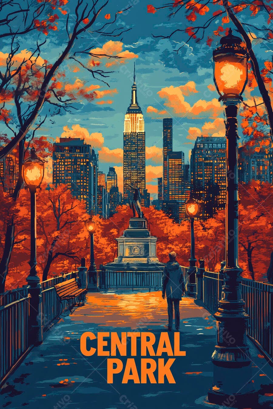 Ilustração Central Park Nova York Outono Edifício Empire State