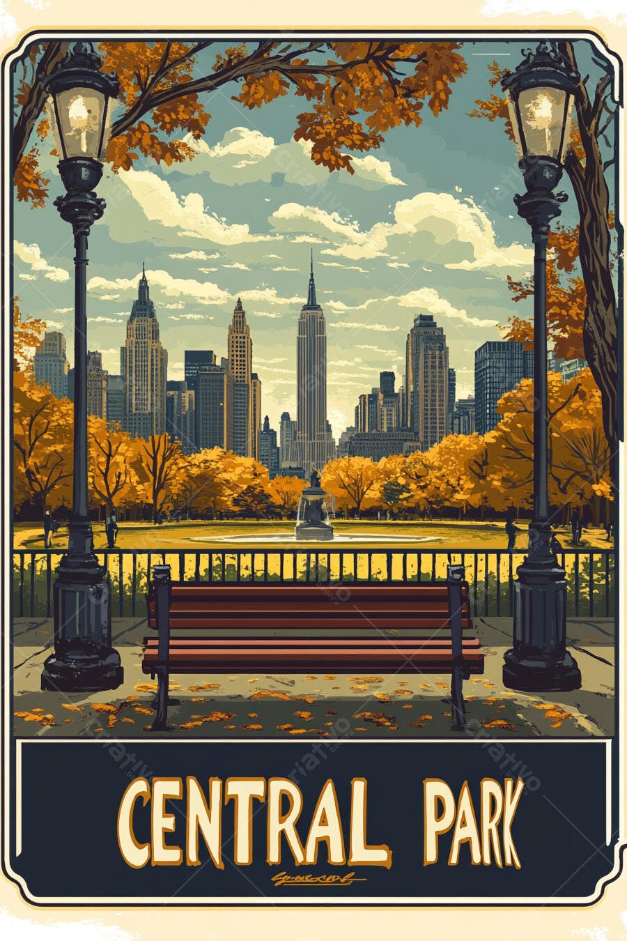 Ilustração Central Park Nova York Outono Banco