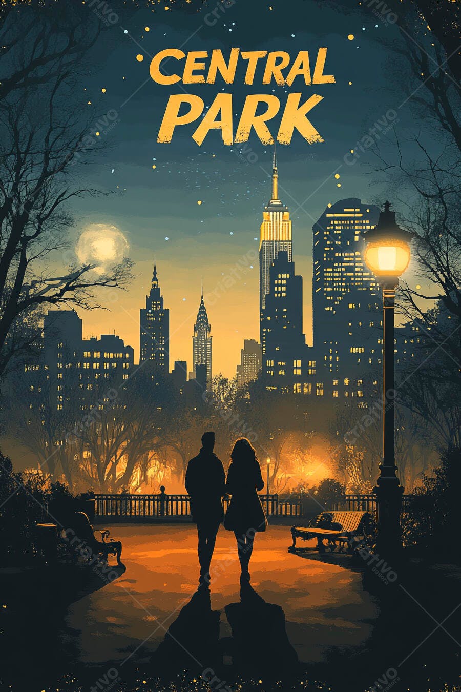 Central Park Nova York Casal Andando Noite Ilustração