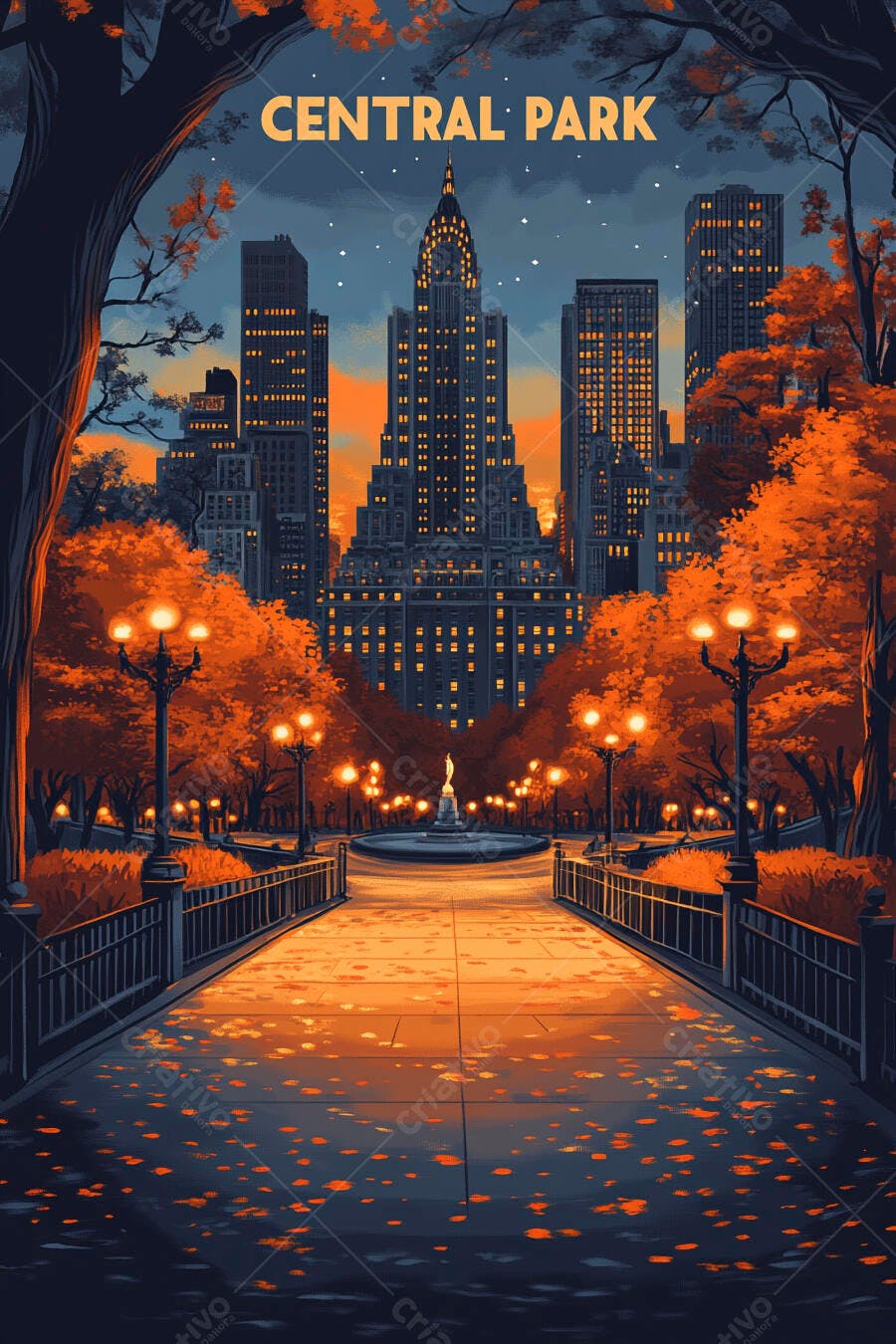 Central Park Nova York Outono Noite Ilustração Digital