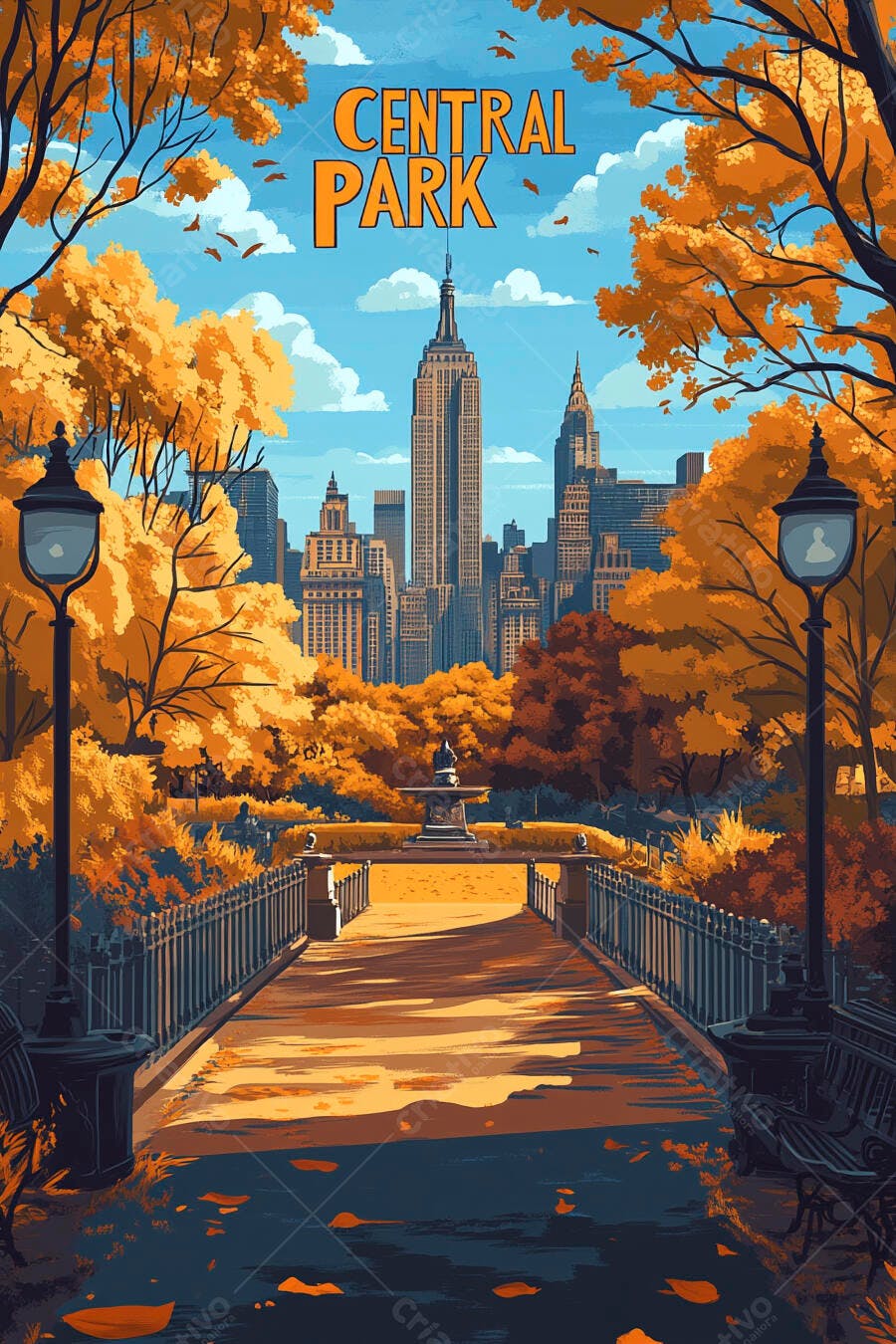 Ilustração Central Park Outono Nova York Edifícios
