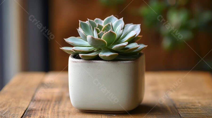 Foto Suculenta Vaso Branco Mesa Madeira Foco Seletivo