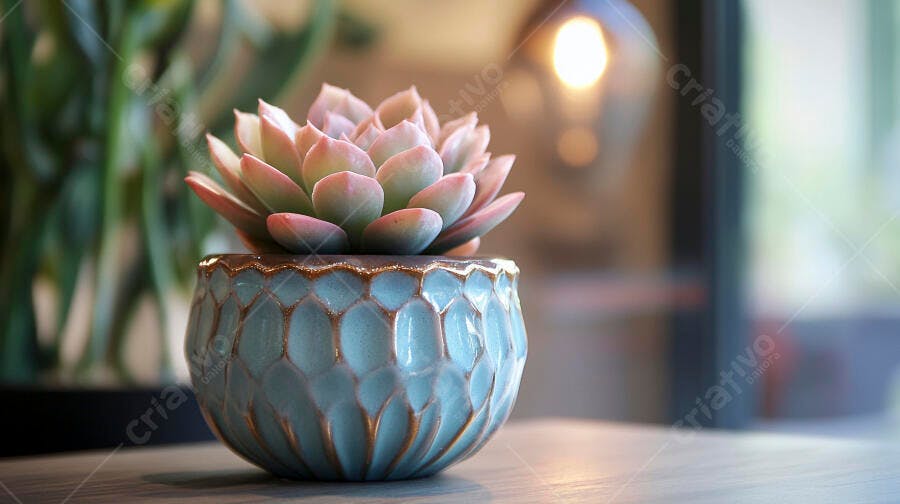 Foto Suculenta Rosa Pote Azul Decorativo Foco Seletivo