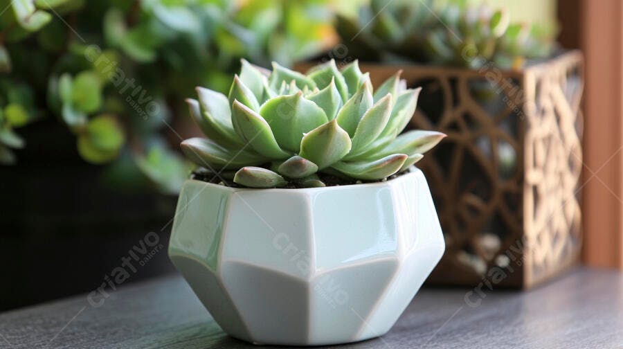 Foto Suculenta Verde Vaso Geométrico Branco Decoração