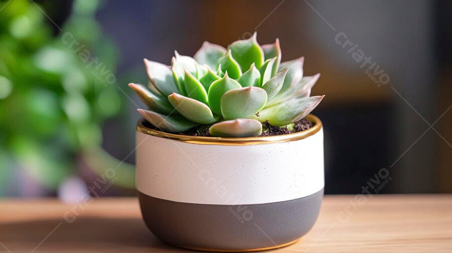 Foto Suculenta Vaso Branco Dourado Mesa Madeira