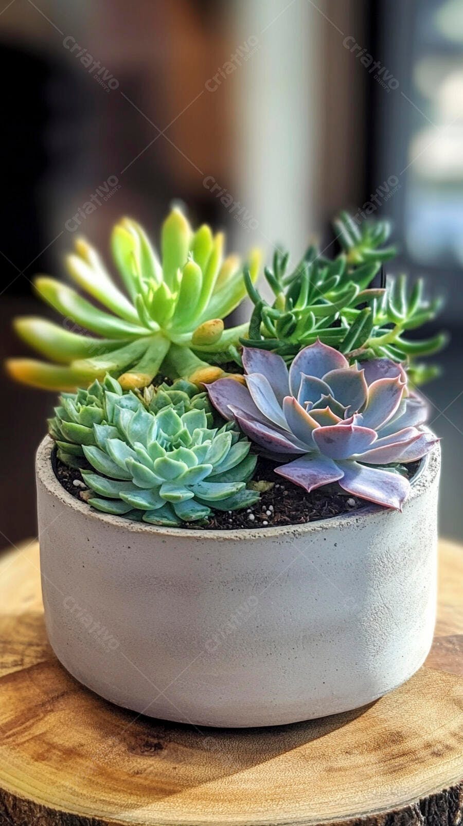Foto Suculentas Variadas Vaso Concreto Madeira Natural