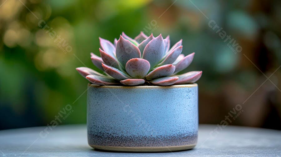 Foto Suculenta Echeveria em Vaso Azul Cerâmica Fundo Desfocado