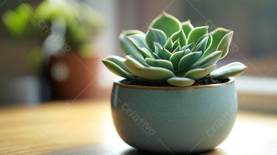 Foto Suculenta Verde Vaso Cerâmica Mesa Madeira