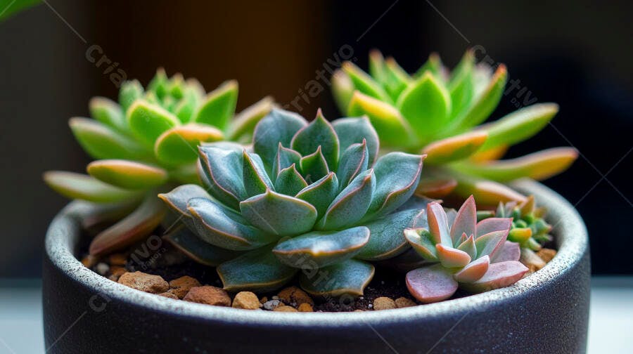 Foto Suculentas Verdes e Rosadas Vaso de Cerâmica Fundo Escuro
