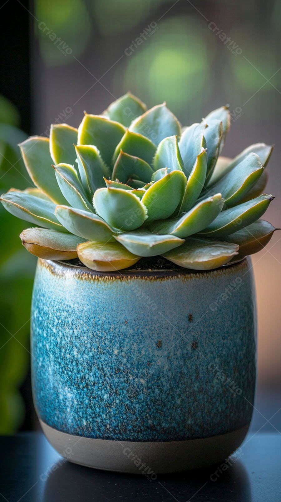 Foto Suculenta Echeveria Vaso Cerâmica Azul Natural