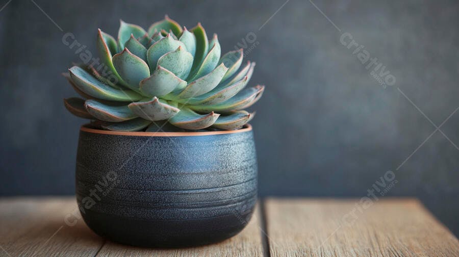 Foto Planta Suculenta Vaso Preto Mesa Madeira Fundo Escuro
