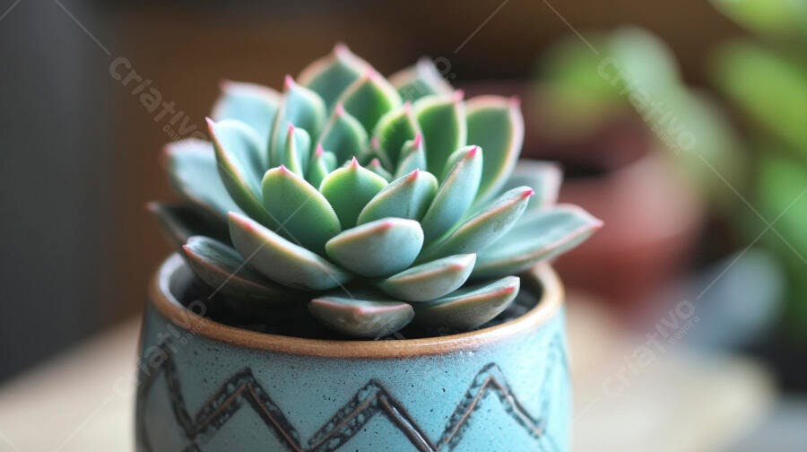 Foto Suculenta Verde Vaso Azul Texturizado Foco Seletivo