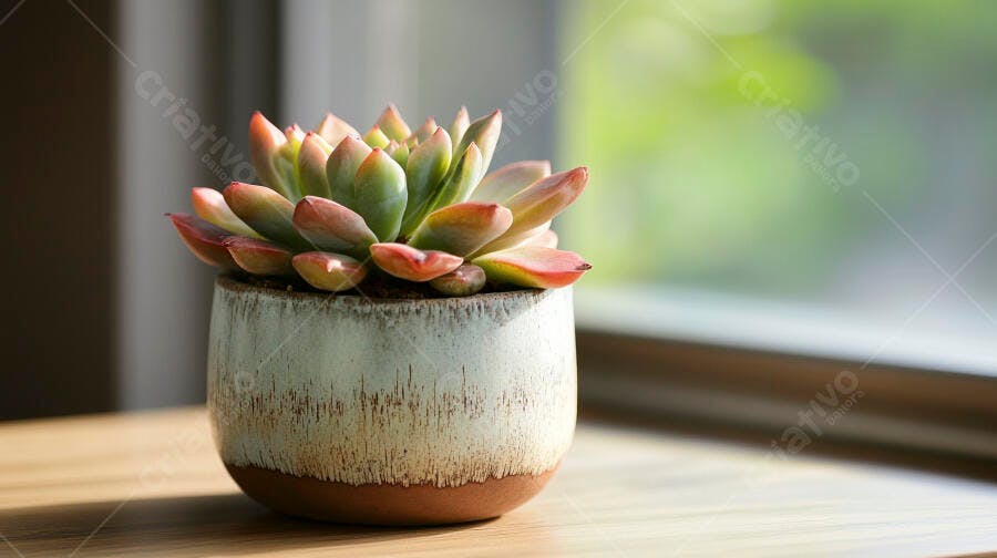 Foto Suculenta Vaso Cerâmica Janela Luz Natural