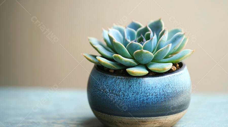 Foto Suculenta Echeveria em Vaso Azul Cerâmica Fundo Neutro