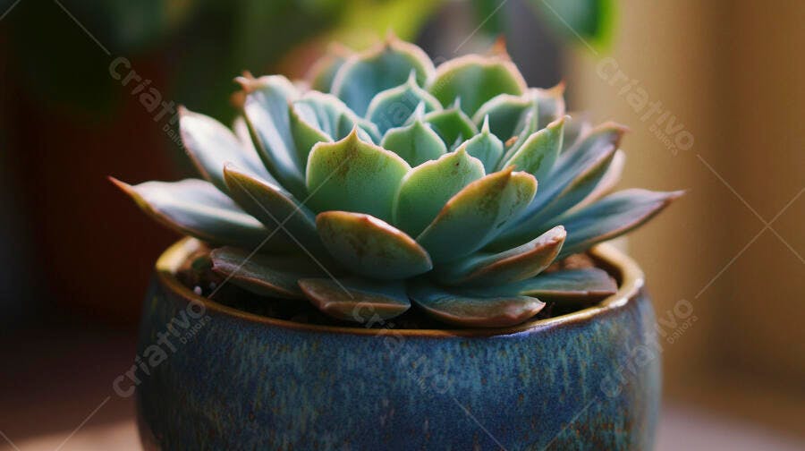 Foto Suculenta Echeveria em Vaso Azul Cerâmica Close-up
