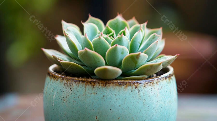 Foto Planta Suculenta Echeveria Vaso Cerâmica Azul Verde