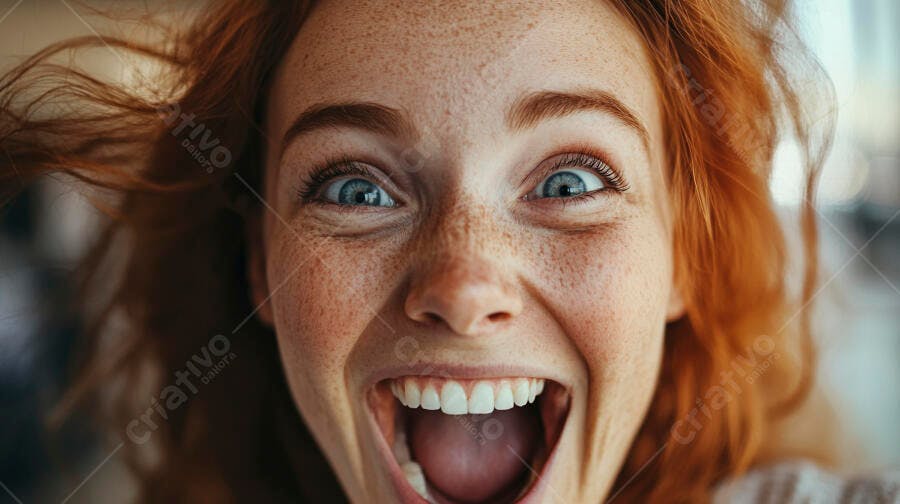 Foto Mulher Ruiva Sardas Olhos Azuis Expressão Surpresa Feliz
