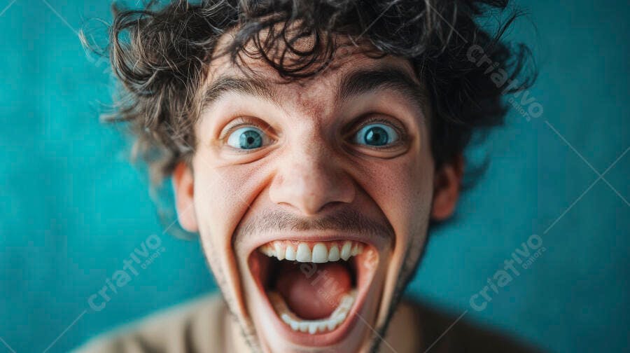 Foto Homem Jovem Cabelo Cacheado Boca Aberta Expressão Maluca