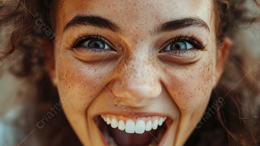 Foto Retrato Close Up Mulher Sorrindo Sardas Olhos Azuis