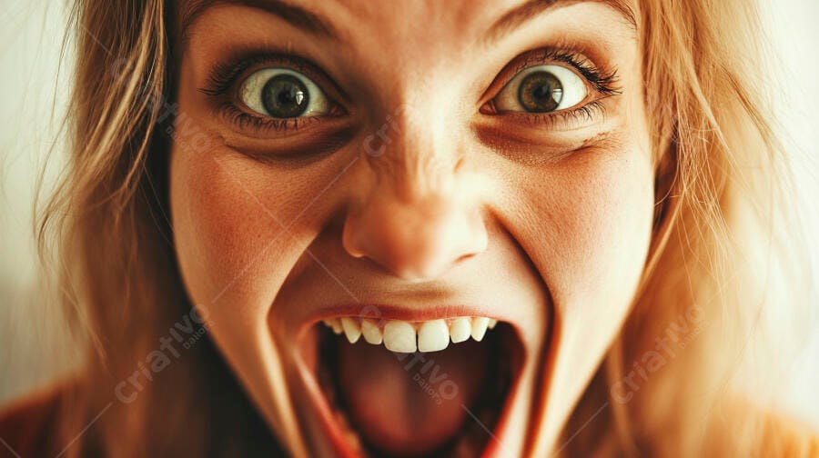 Foto Mulher Gritando com Olhos Arregalados Close-up Impactante