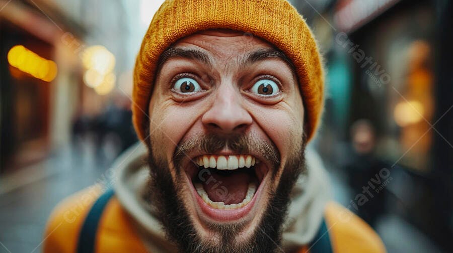 Foto Homem Barbudo Chocado Surpreso Olhos Abertos Rua