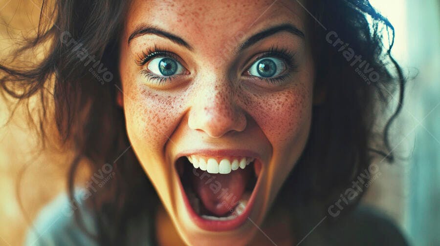 Foto Retrato Mulher Jovem Chocada Boca Aberta Olhos Azuis