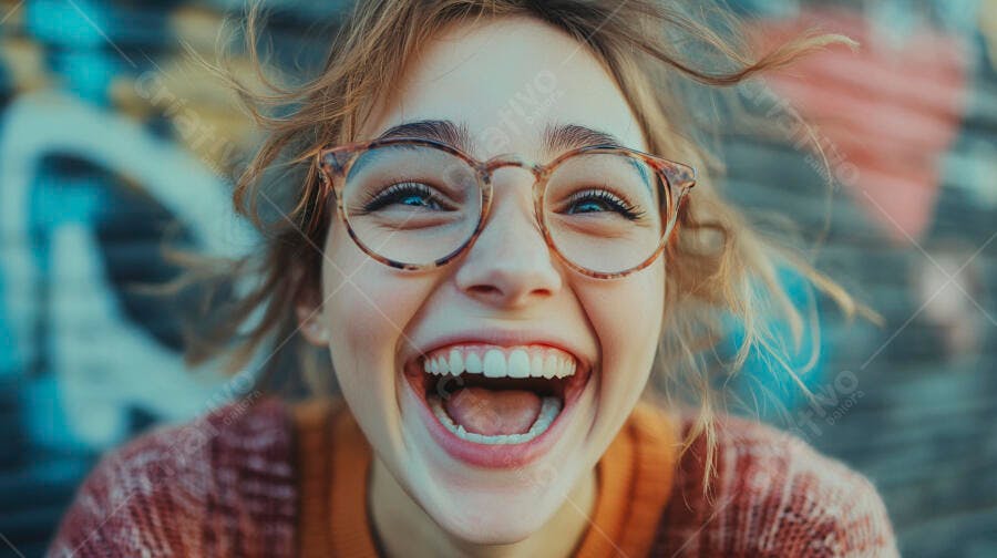 Foto Retrato Jovem Mulher Branca Rindo Óculos Fundo Urbano