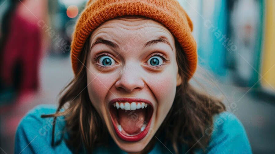 Foto Mulher Jovem Chocada Gritando Expressão Engraçada