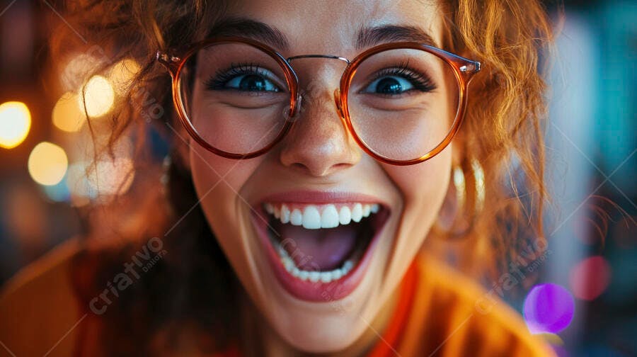 Foto Mulher Jovem Sorrindo Feliz Óculos Redondos Close-up
