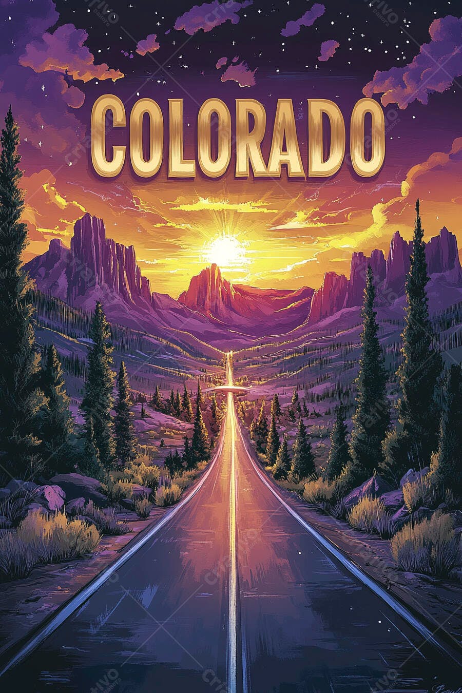 Ilustração Colorado Estrada Montanhas Pôr do Sol Céu Estrelado