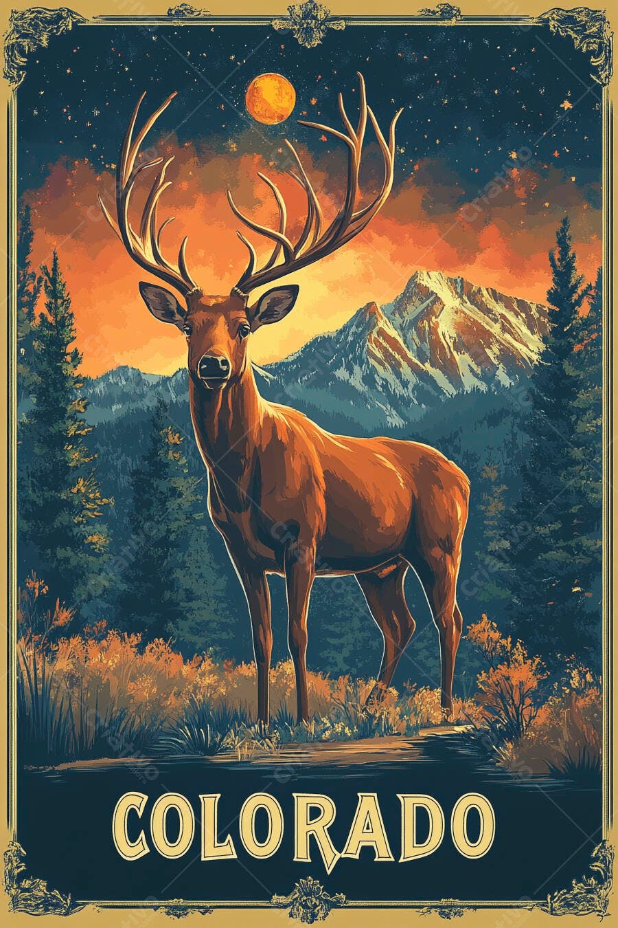 Pôster Vintage Veado Colorado Montanhas Pôr do Sol Ilustração