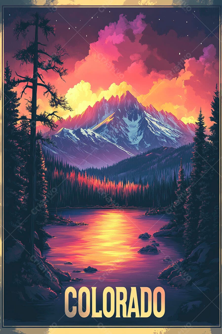 Paisagem Montanhas Colorado Lago Pôr do Sol Ilustração Digital