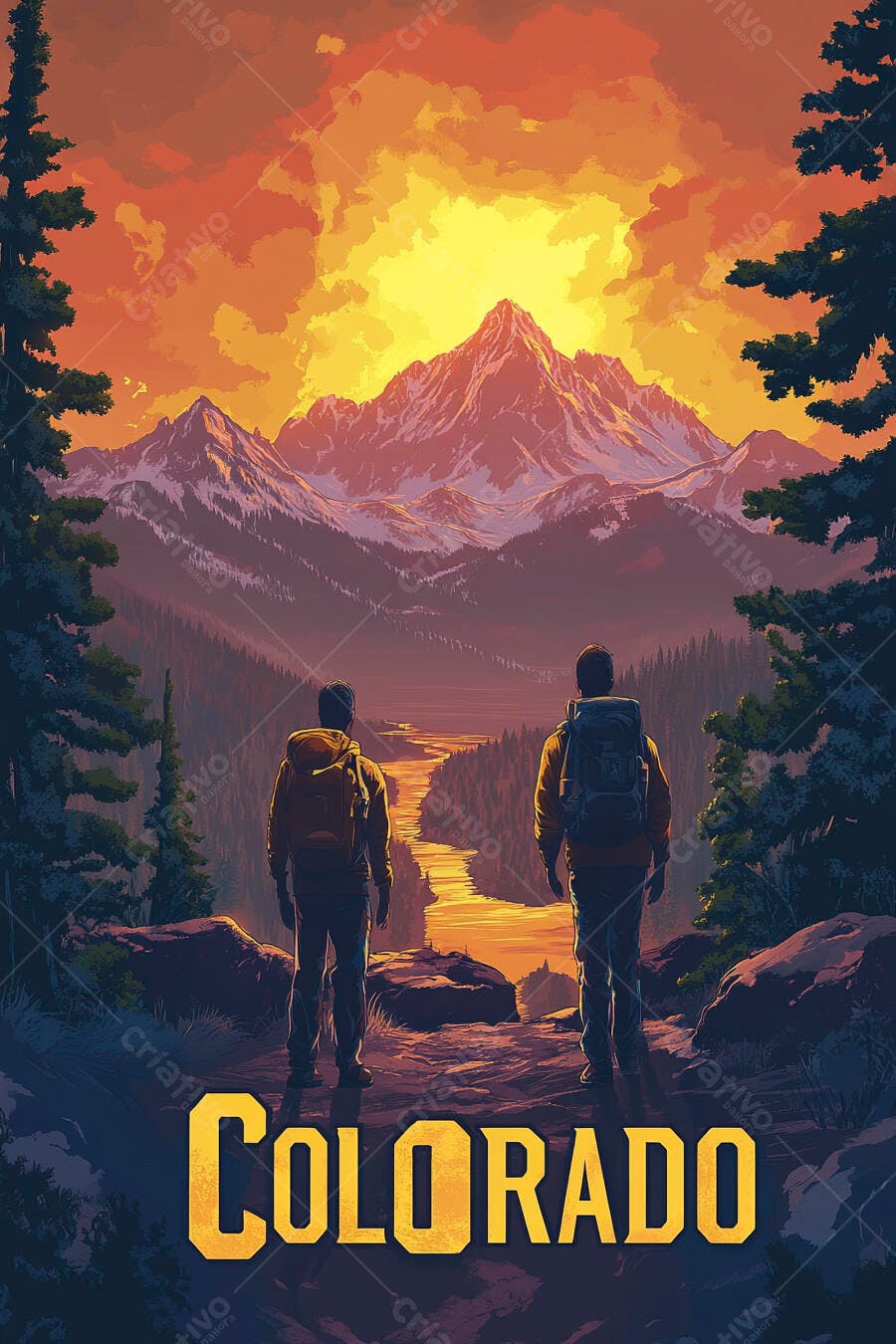 Ilustração Colorado Montanhas Pessoas Caminhando Pôr do Sol