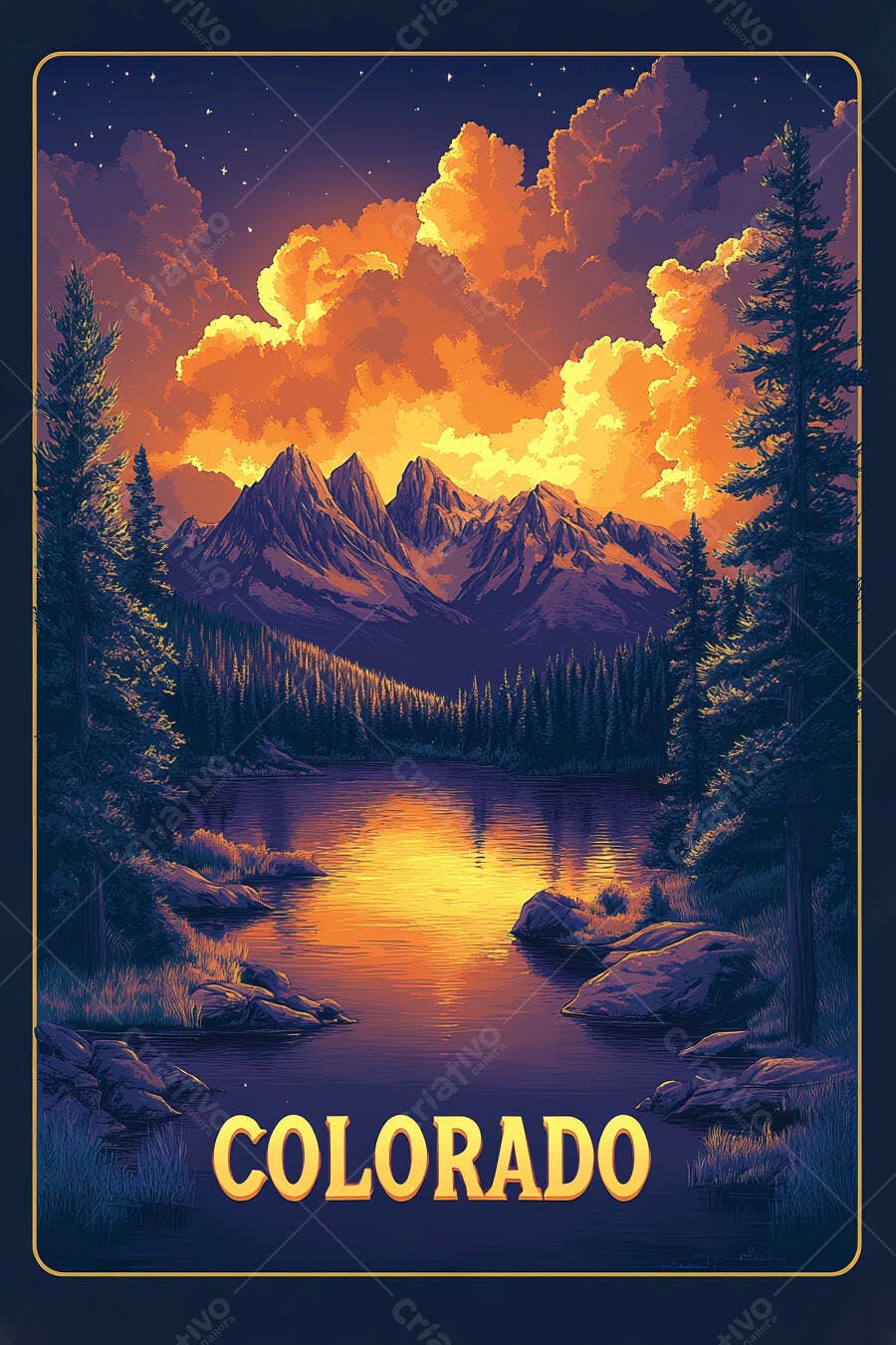 Ilustração Colorado Montanhas Lago Pôr do Sol Pinheiros