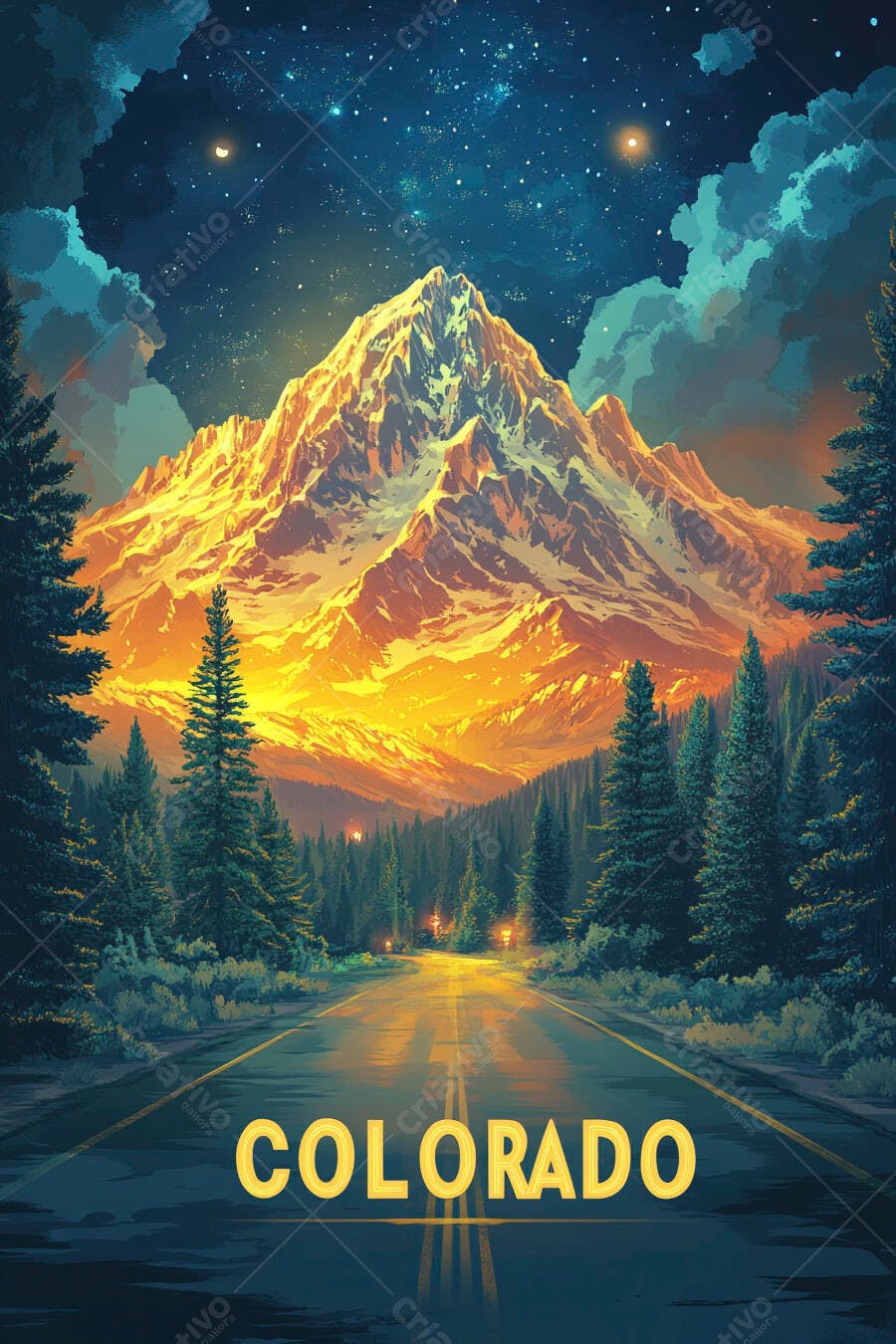 Ilustração Montanha Colorado Estrada Noturna Céu Estrelado