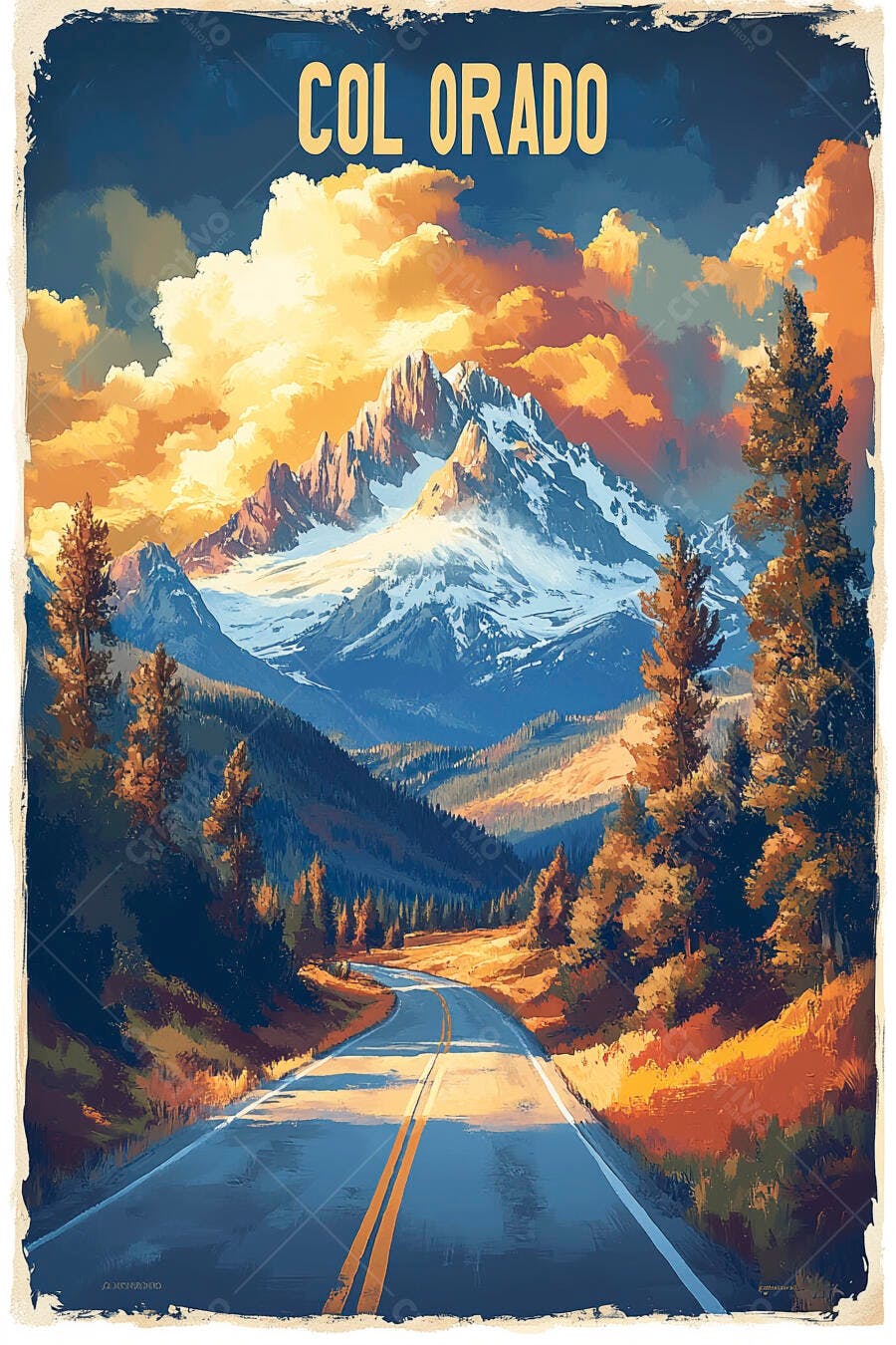 Ilustração Vintage Colorado Estrada Montanhas Nevadas Pôr do Sol