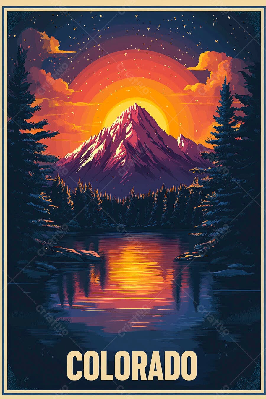 Pôster Colorado Montanhas Lago Pôr do Sol Estilo Vintage