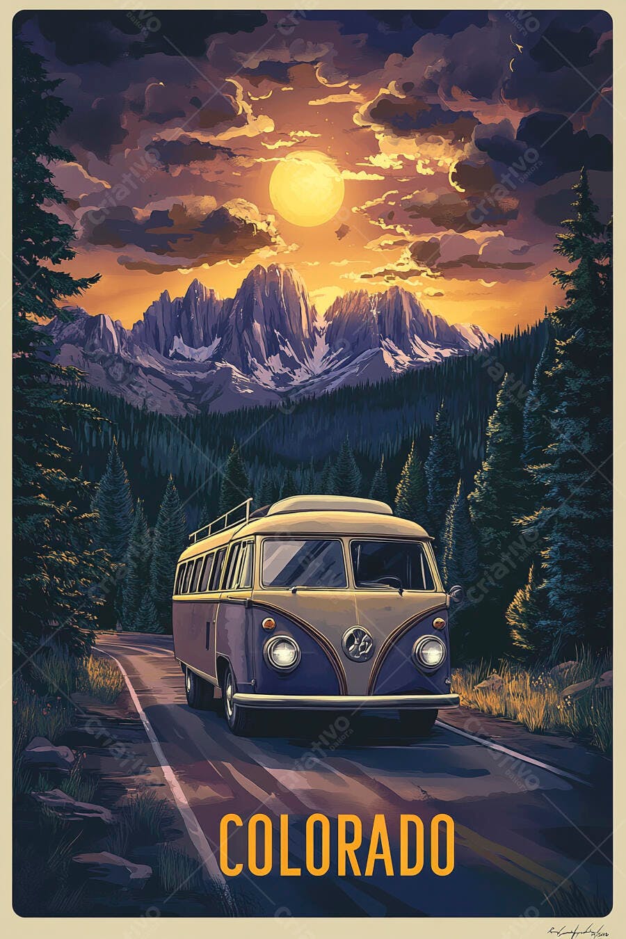 Ilustração Kombi Vintage Viagem Montanhas Colorado Pôr do Sol