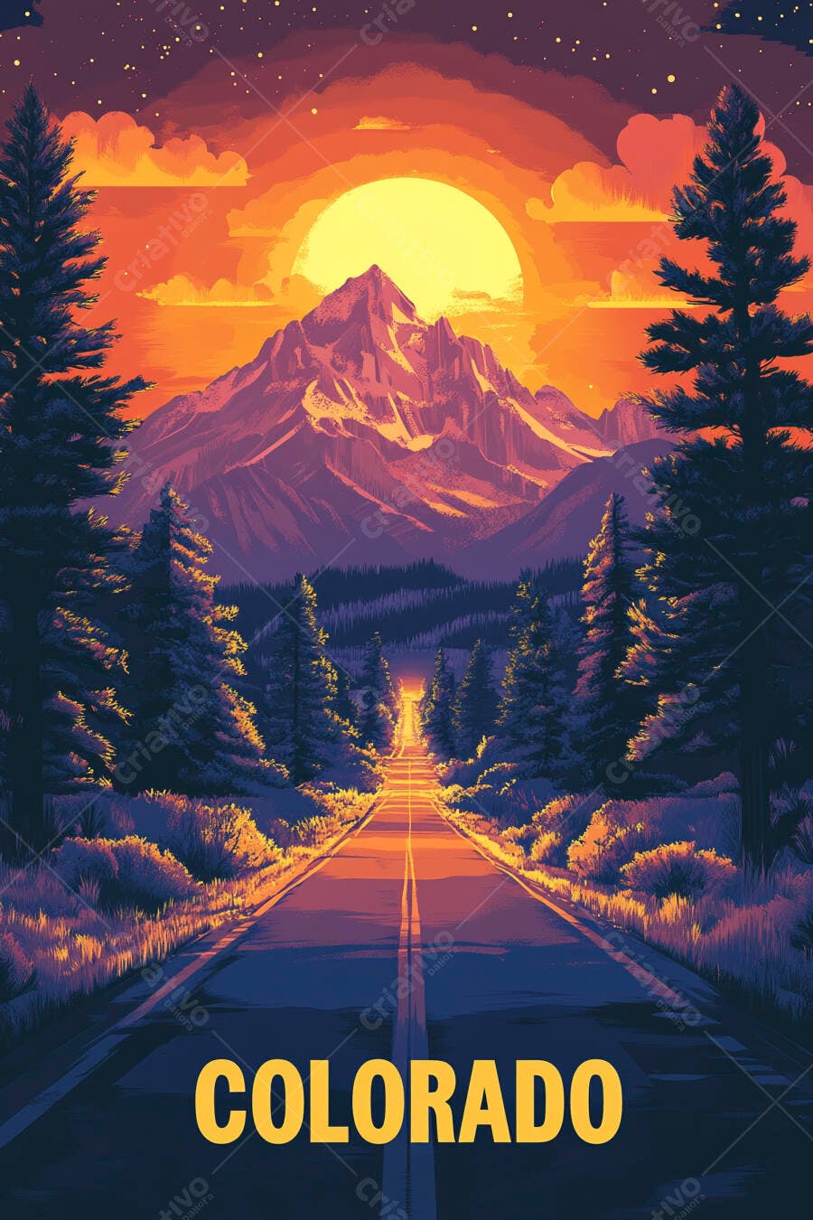 Ilustração Estrada Montanhas Colorado Pôr do Sol Estilo Retrô