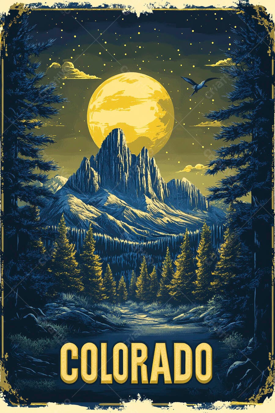 Pôster Colorado Montanhas Noite Lua Cheia Estilo Vintage