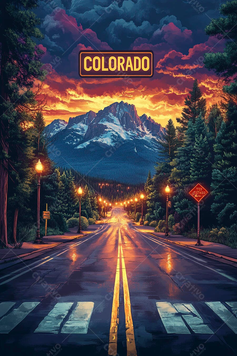 Pintura Digital Estrada Montanhas Colorado Pôr do Sol