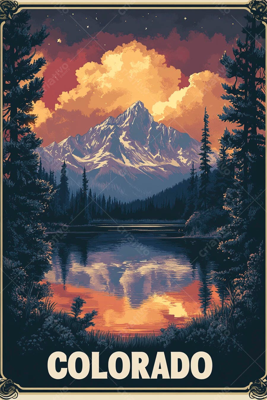 Pôster Vintage Colorado Montanhas Lago Pôr do Sol