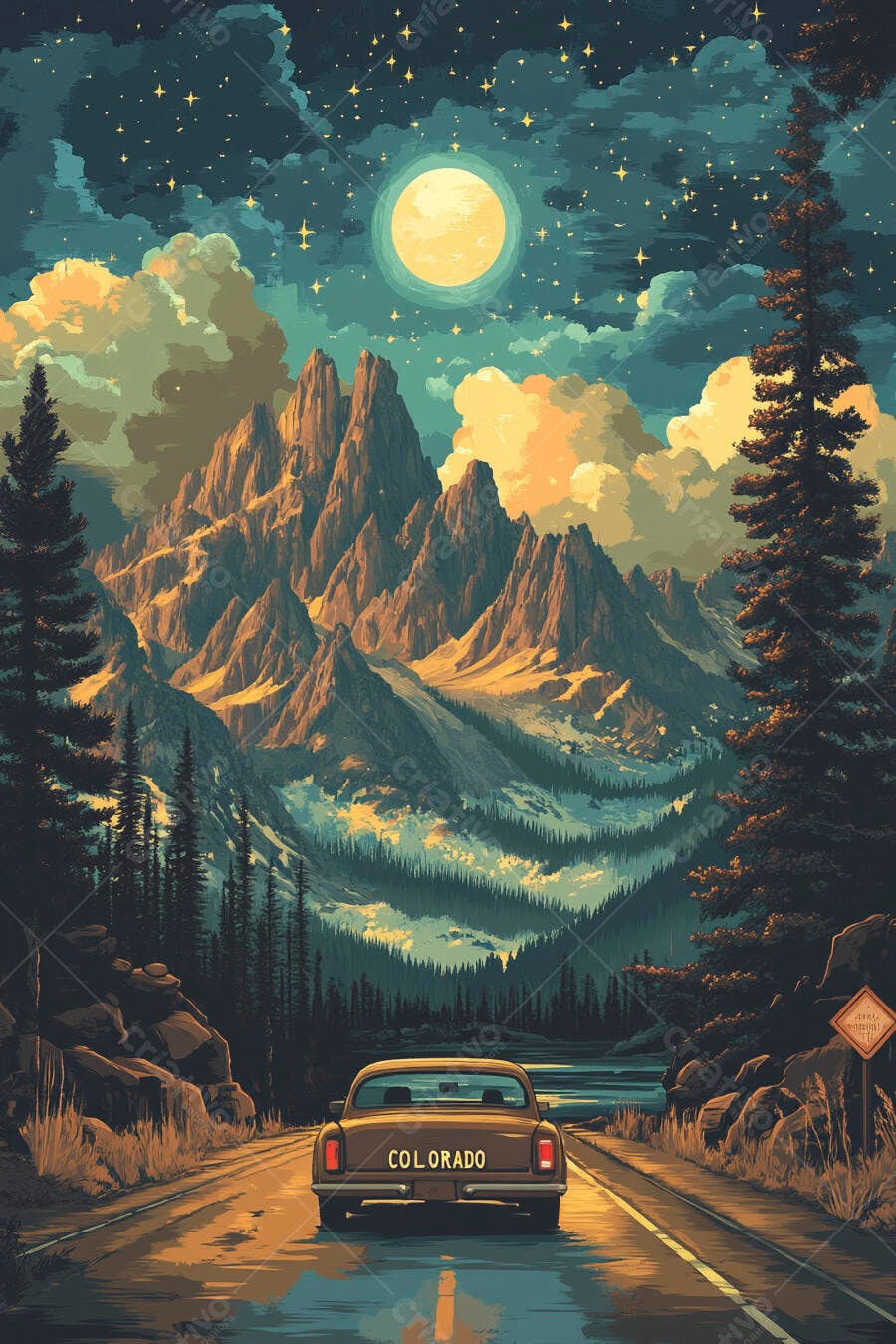 Carro Viajando Estrada Montanhas Noite Lua Estrelas Ilustração