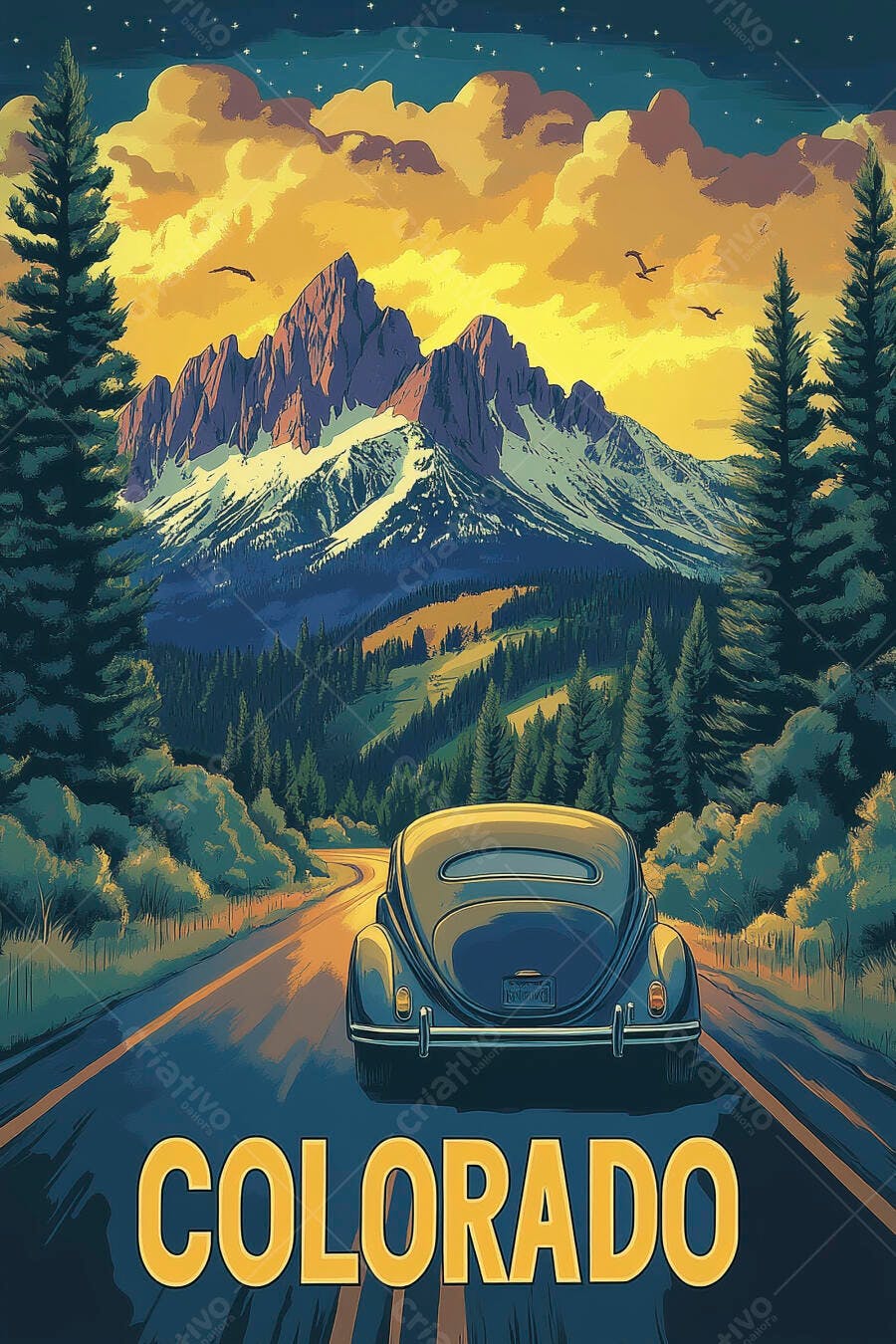 Arte Carro Fusca Estrada Montanhas Colorado Pôr do Sol