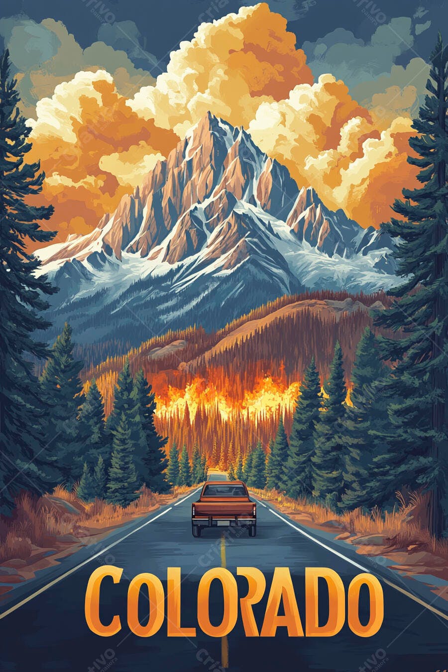 Ilustração Colorado Estrada Montanhas Carro Pôr do Sol