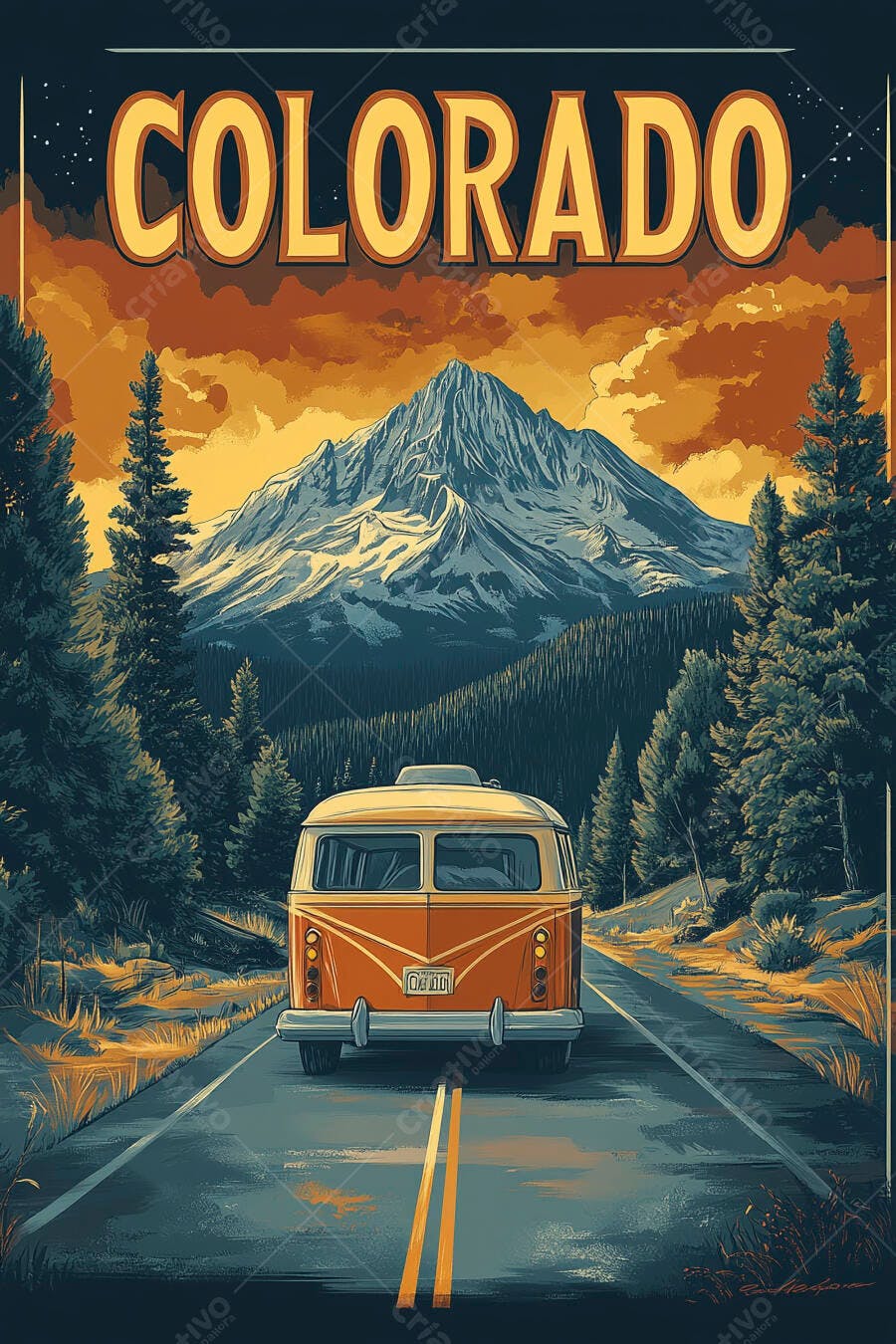 Ilustração Colorado Kombi Estrada Montanhas Vintage