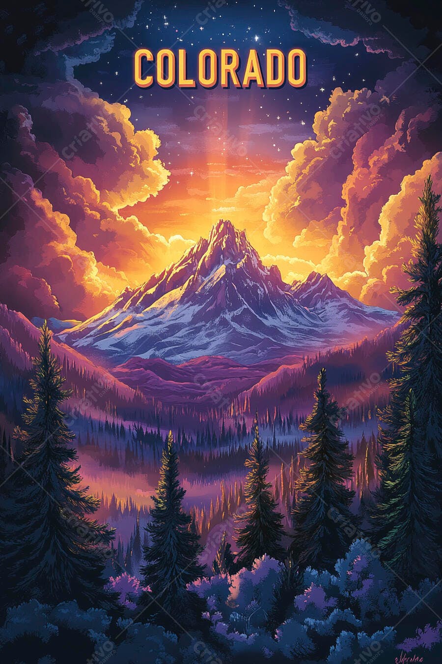 Ilustração Colorado Montanhas Pôr do Sol Floresta Estrelas