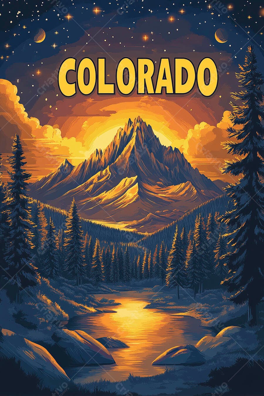 Colorado Montanhas e Lago Pôr do Sol Ilustração Vetorial