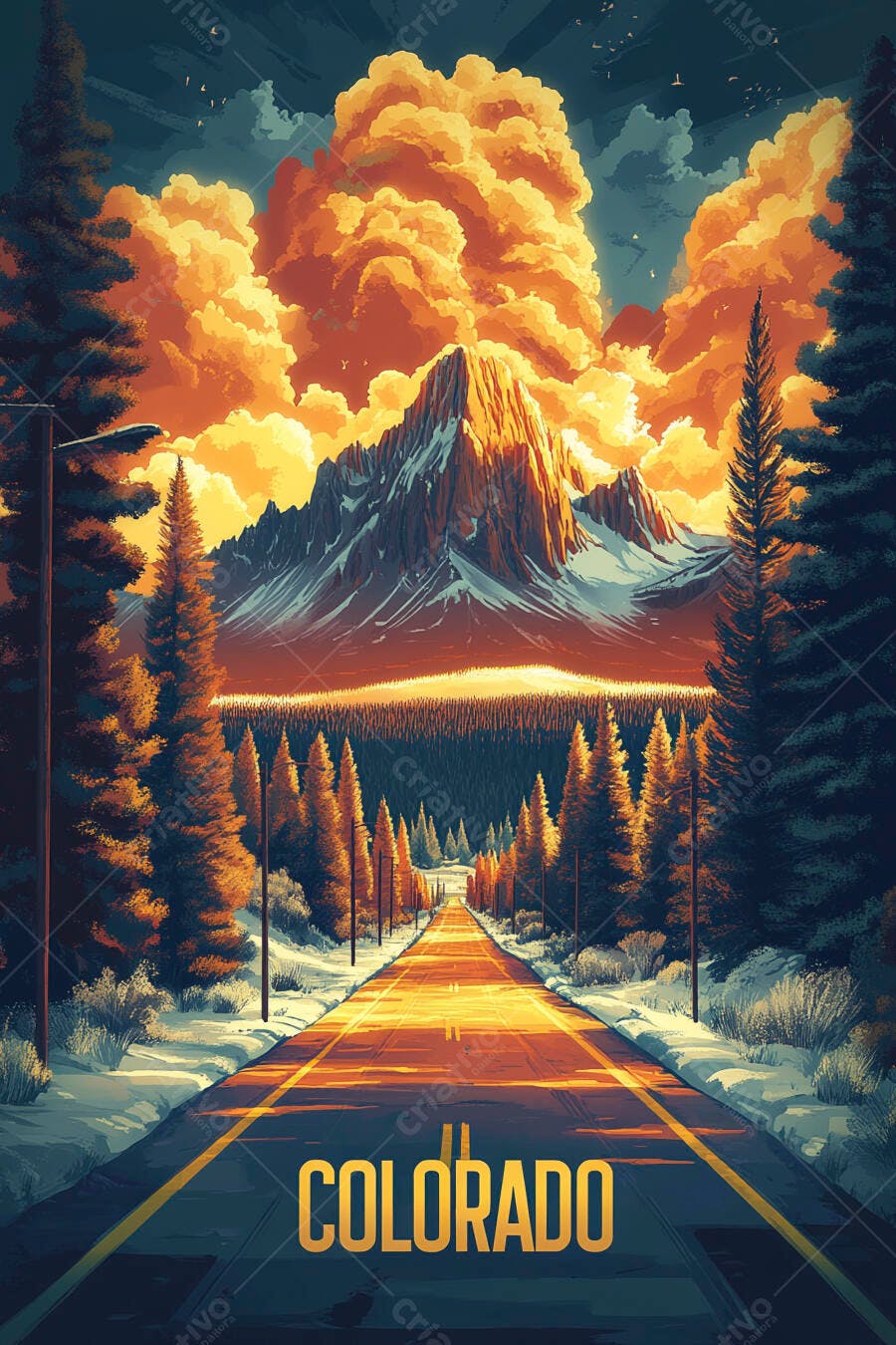 Ilustração Estrada Montanhas Colorado Pôr do Sol Inverno